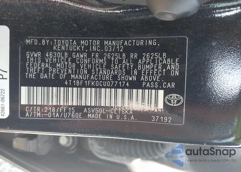 2012 Toyota Camry Se z USA, uszkodzony, nr VIN 4T1BF1FK0CU077174